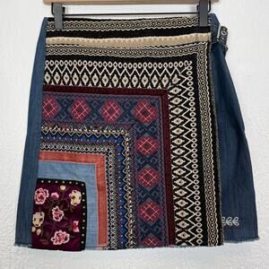 Desigual Embroidered Patchwork Denim Mini Wrap Skirt Boho Folk Size 28